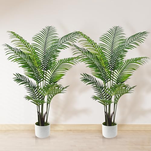 Artificial Palm Tree 4FT, Suntee Fake Tree with White Tall Planter 2 Pack, Faux Tropical Areca Floor Plant in Pot, Artificial Silk Plant for Home Office Living Room Decor Indoor