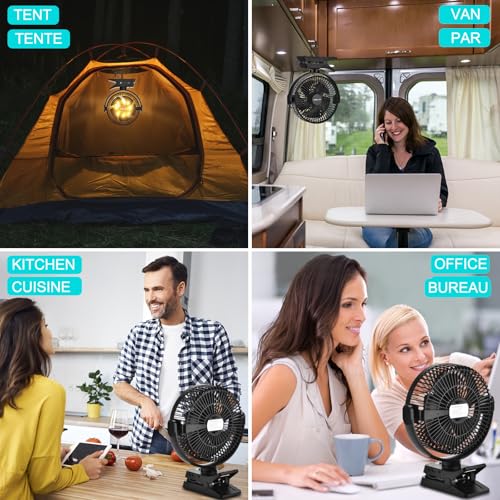 Miniatura 8 de Gobrillfun Ventilador De Clip De 12000 Mah Con Control Remoto, Recargable Por Usb Con Luces Led, Ventilador A Batería Con 5 Velocidades Para Oficina, Viajes Al Aire Libre, Camping, Tienda De Campaña