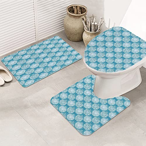 3 teiliges Badematten Set rutschfest U-FöRmige Duschvorleger,Blau und Weiß, Damastkunstblumen mit barocken Schnörkeln… – Bild 6