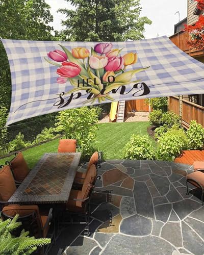 Boanket Sun Shade Sail 8' x 10', Purple Plaid Spring Floral Rectangular Waterproof Outdoor Sun Shades, Summer Botanical Tulip Shade Cloth for Patio Deck Terrace Garden Lawns Beach Backyard