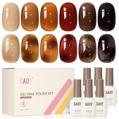 GAOY Jelly Tortoise Gel Nail Polish Set 6 Transparent Colors Sheer Brown Dark Red Black UV Light Cure Gel Polish for Nail Art DIY at Home