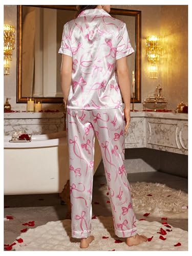 SHENHE Women's Bow Pajamas Satin Button Down Short Sleeve Cute Pjs Pants Set Silky Loungewear2