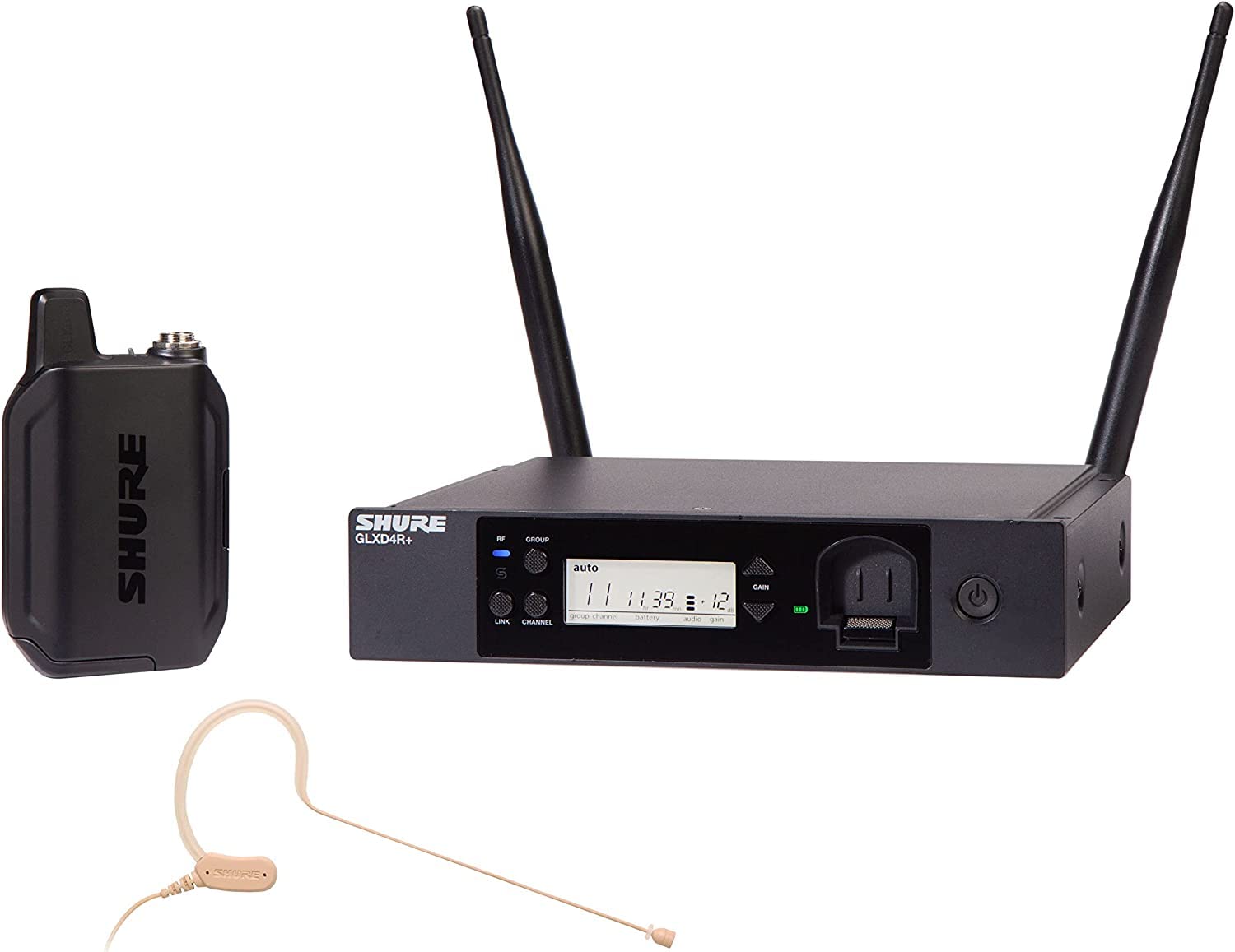 Shure GLXD14R+/MX53 Sistema microfonico wireless digitale Dual Band Pro per trasmissione, chiesa, presentazioni - Durata della batteria 12 ore, portata 30,5 m | Microfono per cuffie MX153, ricevitore