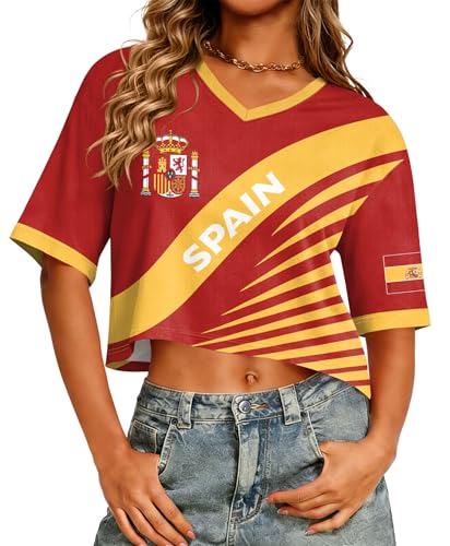 PICKID Soccer Cup 2026 Shirts for Women Spain Jersey Soccer Graphic Y2k V Neck Crop Tops