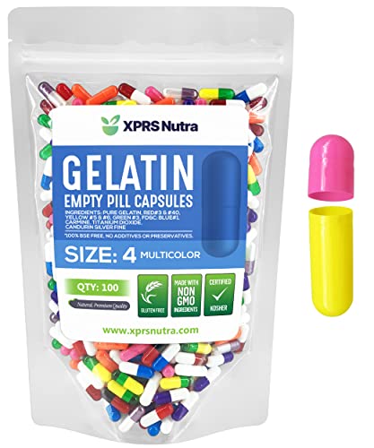 Image of XPRS Nutra Size 4 Empty Capsules - 100 Count Small Empty Gelatin Capsules - Pills DIY Capsule Filling - Fillable Pure Bovine Pill Gel Caps for Do-It-Yourself Supplements (Multi Color)