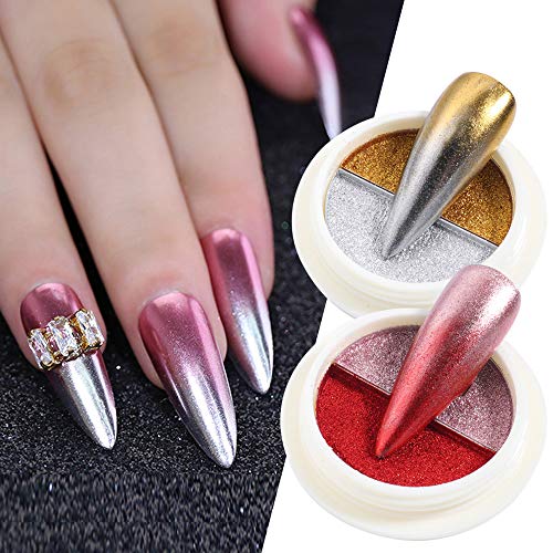 Chrome Nail Powder Dual Color Nail Chrome Mirror Nail Powder Effect Nail Glitter Solid Mirror Metallic Effect Nail Pigment 2 Boxes Nail Designs with 2 Pieces Eye Shadow Sticks