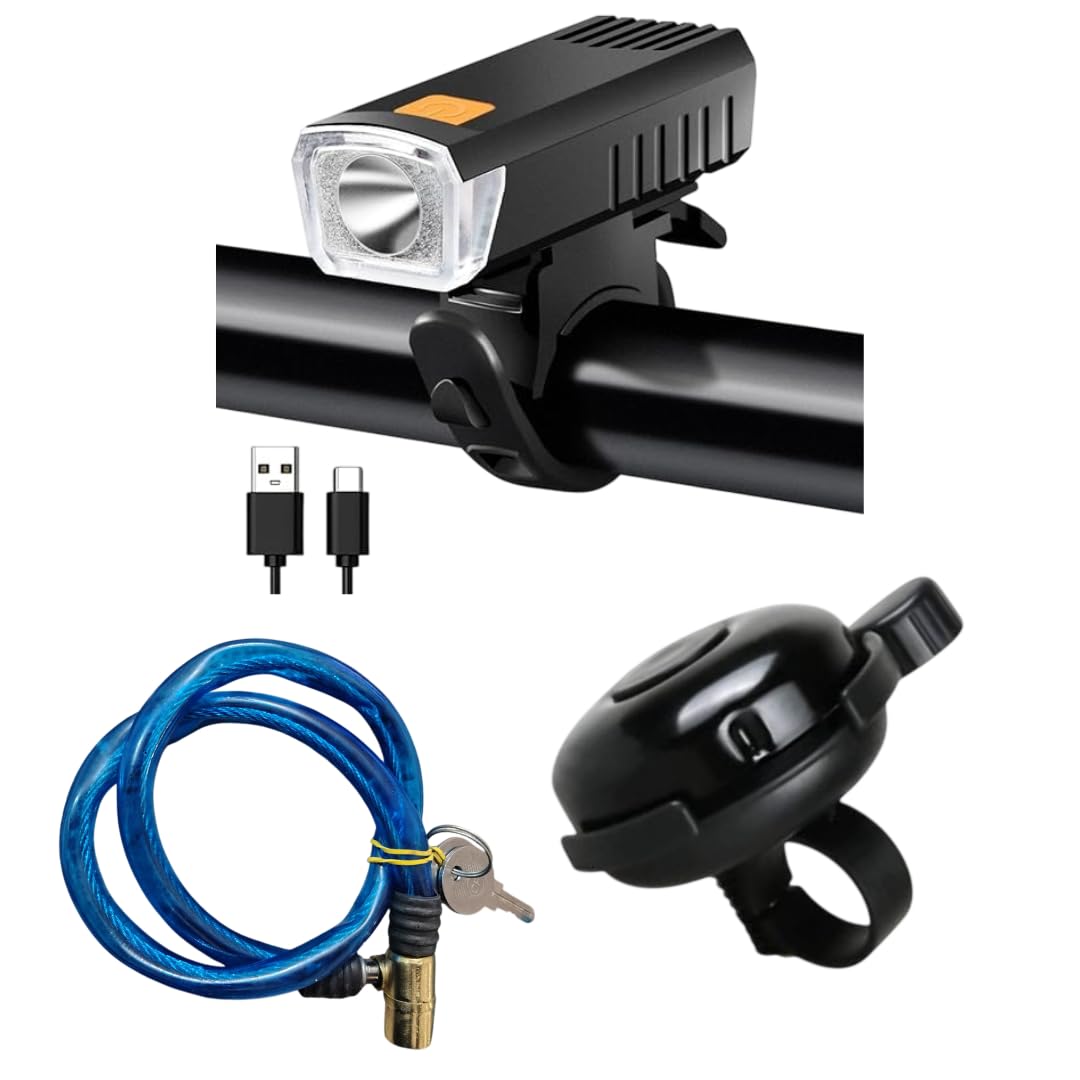 USB Rechargeable Bicycle LED Headlight with Wire Lock & Bicycle Bell Combo | Front Bike Light with 3 Lighting Modes | Steel Cable Lock with Keys | Accessories Kit for MTB, Road, Hybrid & City Cycles-picture-21