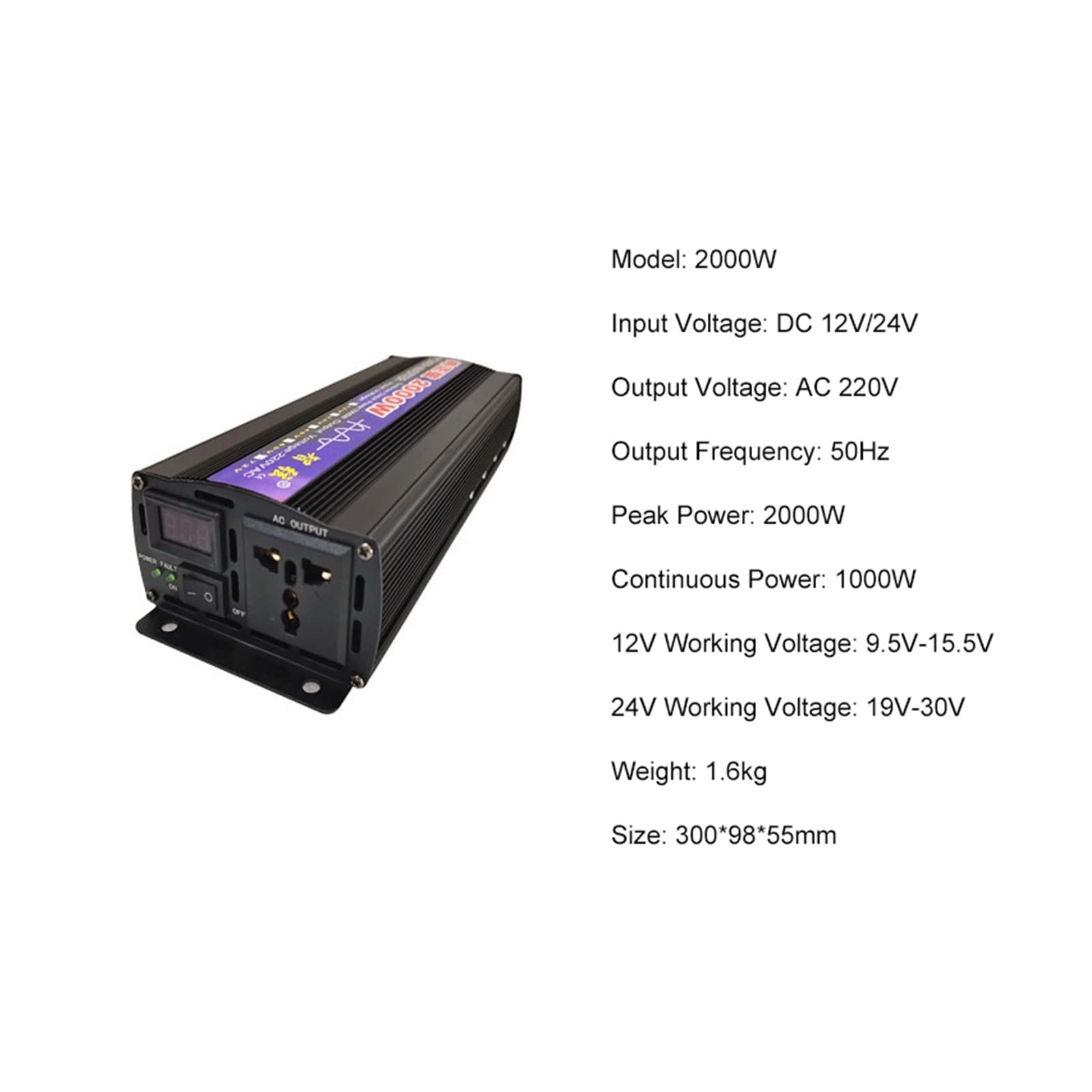 Falownik 2000W czysta fala sinusoidalna falownik DC 12V 24V do AC 50Hz 60Hz ciągła moc 1000W konwertery energii słonecznej transformator napięcia(12V)