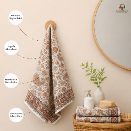 Image of Cotton Rich Printed Waffle Hand Towel | Lightweight | Anti Microbial & Water Absorbent | Soft Touch Quick Drying Towels (Paisley Charm, Pack of 4)