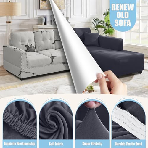 Sectional Couch Covers L Shape Sofa Covers Super Stretch 2pcs Sofa Slipcovers for 3 + 3 Seaters Sectional Chaise Slipcover with 2pcs Pillow Covers for Pets Kids, Dark Grey - Image 3