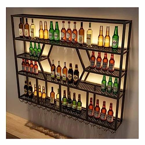 Botellero de vino y cristal LED de pared de metal, estantes flotantes para el hogar, restaurante, bar, negro (150 x 20 x 125 cm)
