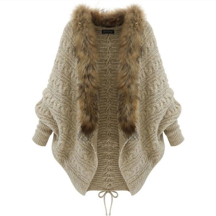 HGps8w Women's Elegant Faux Fur Collar Open Front Poncho Cape Fall Winter Batwing Sleeve Cable Knit Cardigan Sweater