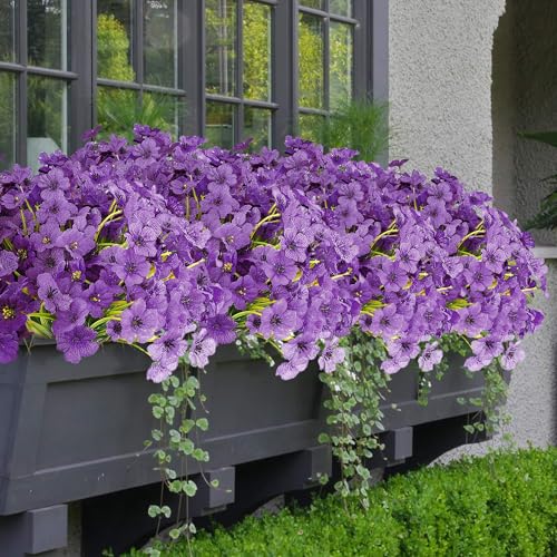 AWARDSEN 16 Bundles Purple Summer Flowers Artificial Outdoor UV Resistant Fake Flowers Summer Outdoor Porch Decor Outside Artificial Plants for Window Box