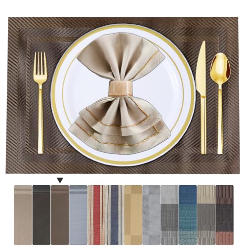 ARTAND Placemats Set of 4, Woven Placemats for Dining Table, Boho Decor Plastic Table Place Mats, Vinyl Table Mats for Indoor Outdoor Brown Frames