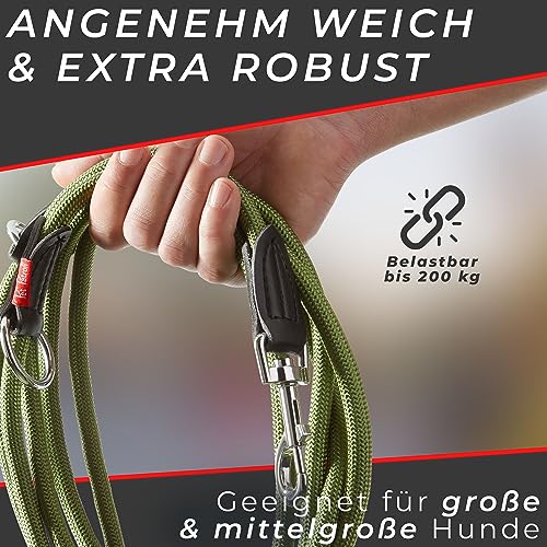 PetPatron® Hundeleine 3m verstellbar (1,5-3 m) Stilechte Führleine aus Nylon mit Lederelementen als Umhängeleine, Doppelleine & Hundeleine große Hunde mit der Zugkraft von 200 kg Grün