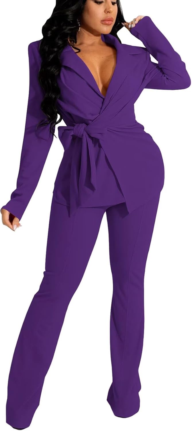 kaimimei Business 2 Piece Pant Suits for Women Dressy Elegant Professional Blazer Set Casual Outfits with Belt