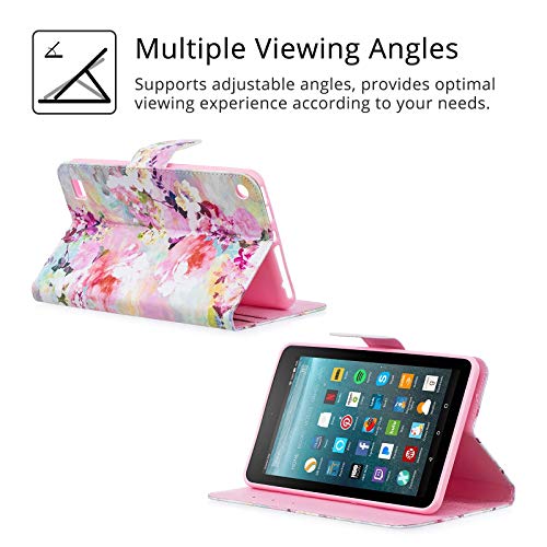 Uucovers 7" Amazon Kindle Fire 7 Tablet Case 2019/2017/2015 Cover 9Th/7Th/5Th Generation, Folio Stand Synthetic Leather Magnetic Wallet Tpu Back Shockproof Kids Cover With Pockets, Watercolor Flower #TOP2