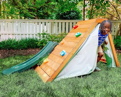 Avenlur Palm Outdoor and Indoor Playground 5 in 1 Backyard Playset with Ladder, Rock Wall, 4 ft. Slide, Tent Fort, Montessori Style Play Set Climber Playhouse Toddlers, Children, Kids 2-6yr (Green)