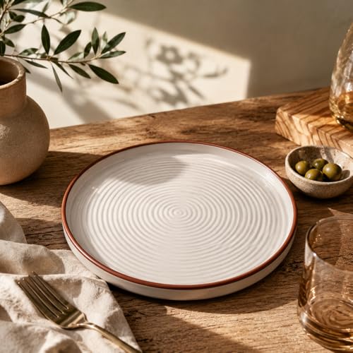 Image of TRESA Stoneware Ceramic Dinner Plate | White with Brown Rim |10.5 Inch, Matte Finish, Cafe Style Textured Round Plate for Everyday Use