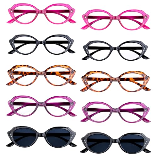 Image of 10 Pack Stylish Rectangular Reading Glasses Rhinestone Spring Hinges Readers With Pattern Design for Women Mix Color