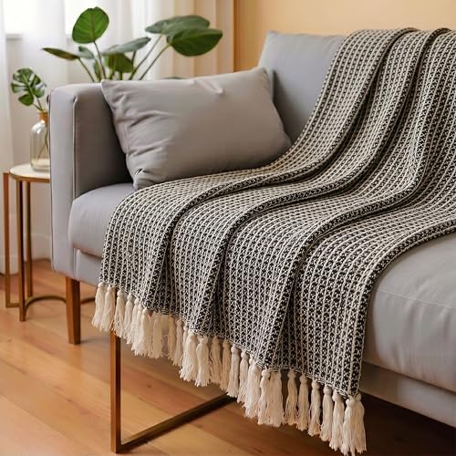 Image of SAJAVAT HOME Hand-Knitted Cotton Sofa Throw | All-Season Throw Blanket for Sofa, Bed, Couch, Chair & Travel | 80x52 Inches (204x132 cm) | with Black Tassels | Pack of 1