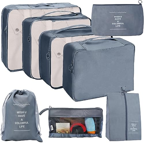 Organisateur Valise Lot de 8 Imperméable Rangement Valise Multifonctions, Organisateur de Bagages Packing Cubes Voyage Accessoires, Sac à Chaussures, Sac de Maquillage, Bagage Sacs - Grey