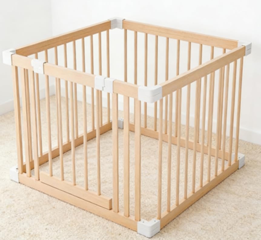 Baby Playpen, Wooden Playpen for Babies and Toddlers,Large Adjustable Wooden Baby Playard with Locking Gate, Easy to Assemble, Portable Play Pen (29.68x25.90Inch)