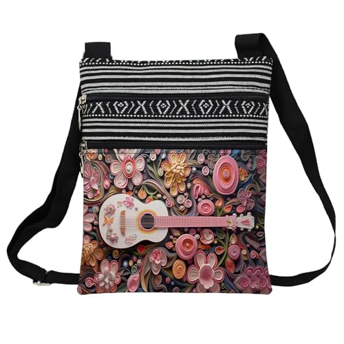 Floral Guitar Messenger Bag Small Ethnic Pattern Printed Adjustable Strap Crossbody Zipper Bag Floral Guitar Phone Bag Wallet Cute Shoulder Handbag for Women