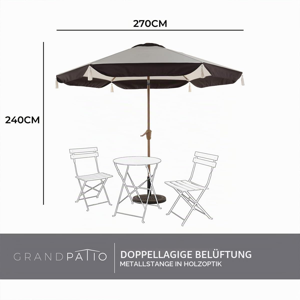 Grand patio Sonnenschirm, Ø270cm, Sonnenschirm Balkon mit Quastendesign mit Druckknopfneigung und Kurbel, Fransen Gartenschirm, Terrassenschirm, UV-Schutz 50+ (Beige)
