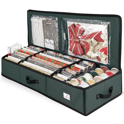 Hearth & Harbor Wrapping Paper Storage Container - Christmas Storage Bag with Interior Pockets - Gift Wrapping Organizer Storage Fits Up to 22 Rolls of 40" - Tear Proof Wrapping Paper Organizer