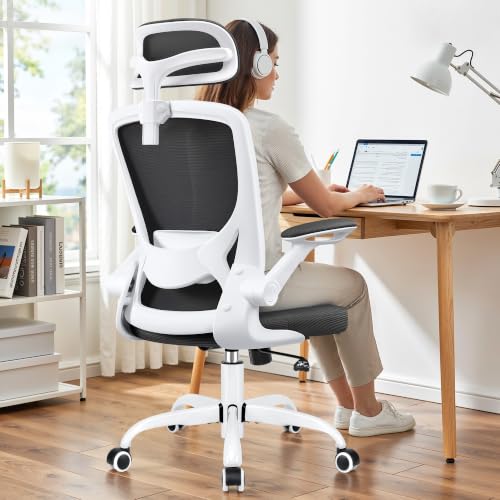 Image of Ergonomic Office Chair, Computer Desk Chairs with Adjustable Lumbar Support | Breathable Mesh Office Chair with Filp-Up Arms, Swivel Desk Chair Comfy for Home Office, Prolonged Sitting, High Back, White