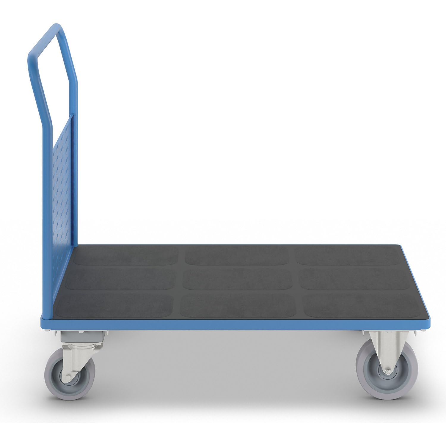 eurokraft pro | Plattformwagen | Mit 1 hohen Lochblechwand, LxB 1250 x 800 mm, mit Zentralstopp, Vollelastik