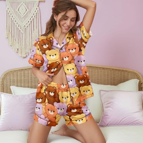 Image of HUNTFAMI Womens Soft Silky Satin Pajamas Set, 2 Pcs Sleep Short Pajamas for Mom and Grandma Button Down Summer Loungewear