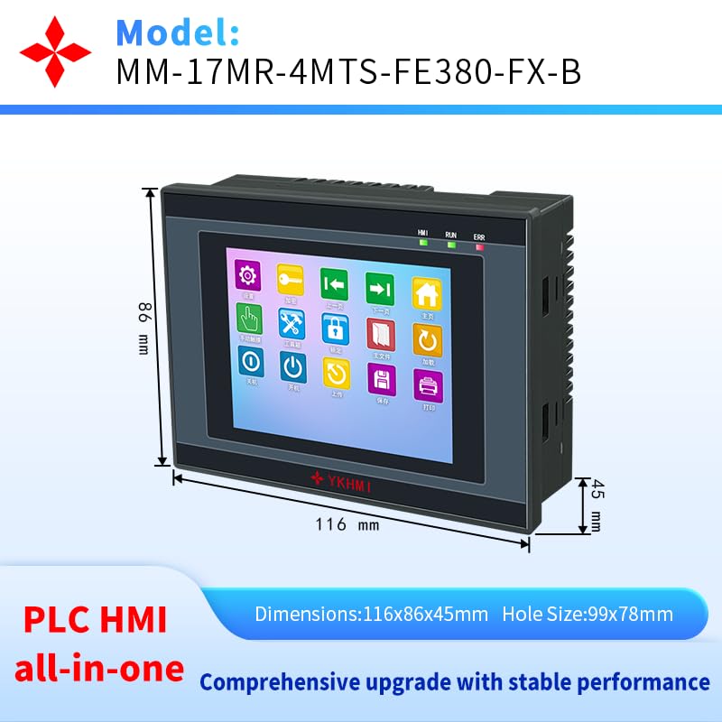 Image of 3.8 Inch PLC HMI All in One Integrated Programmable Logic Controller, 10 Input 7 Relay Output, Built-in Analog 2AD & 2DA, 2NTC10K, 2 High-Speed Pulse 100KHz for Sevor or Stepper (17MR-FE380-FX-B)