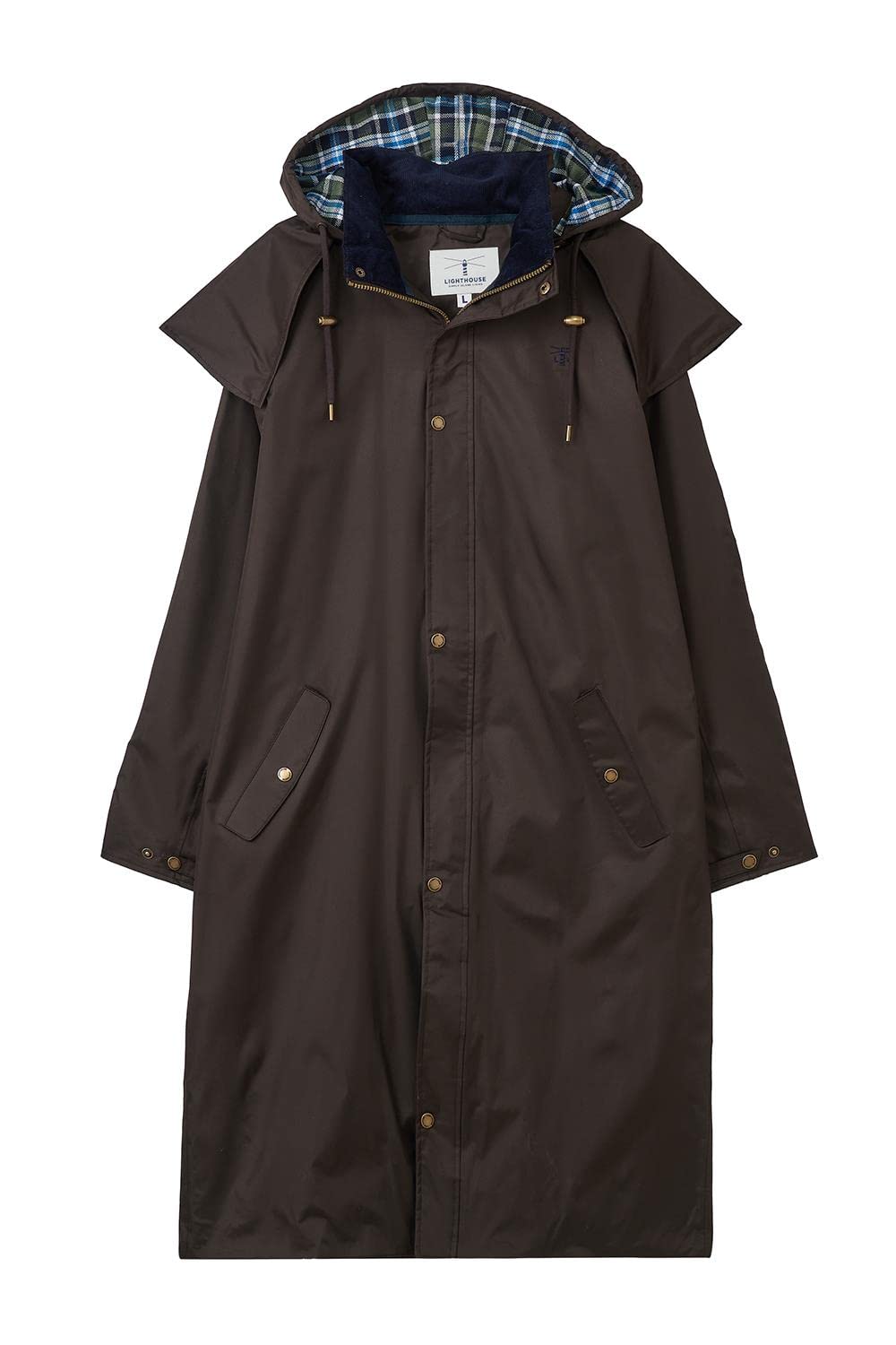 LightHouse Stockman Mens Full Length Raincoat, Waterproof Windproof Long Rain Coat with Detachable Hood and Protective Cape - Chocolate - S