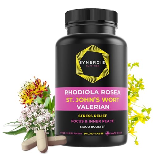 Hipérico (Hipericum Perforatum) Hierba de San Juan 500 mg, Rhodiola Rosea 400 mg, Valeriana 300 mg - 60 dosis diarias - Extractos 10:1. Equilibrante natural del estado de ánimo por Synergie Nutrition