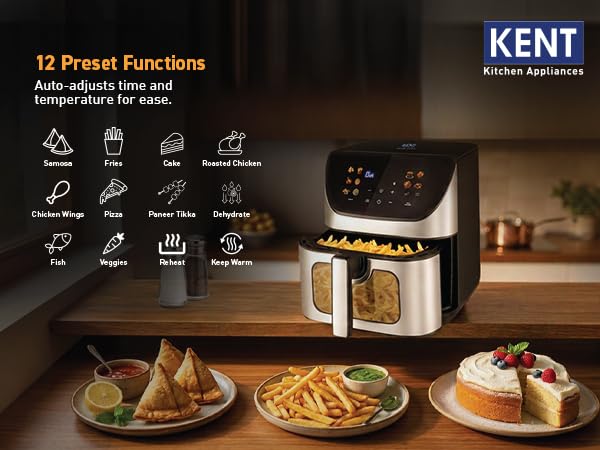 Image of KENT Digital Air Fryer 8.5L | 1700W | Bake, Grill & Roast | Up to 80% Less Oil Usage | 12 Preset Menu | Digital Display & Touch Control Panel | Glass Window with in built Light | Auto Cut-Off | Black
