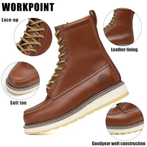 Men's Soft Toe SureTrack Waterproof Non-Slip oil Breathable Durable Wedge Outsole 8" Brown Work Boots3