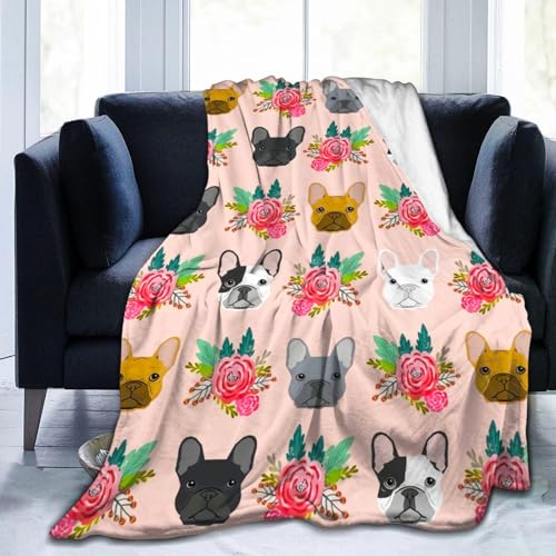 Cute French Bulldog Blanket Floral Dog Soft Cozy Flannel Throw Blankets Lightweight Warm Bed Throws Plush for Couch Sofa Camping Office Travel Home Bedroom Decor Girls Boys Kids Gifts, 50"x40"