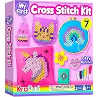 KRAFUN My First Cross Stitch Kit for Kids Ages 5-12, 6 Beginner Arts & Crafts Projects with Keyring, Bag, Pillow, Instructions, Felt Materials, Educational Gift for Girls & Boys, Learn Embroidery