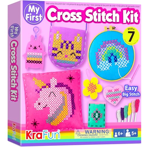 KRAFUN Kit de Punto de Cruz para Niños 5+ Años, 6 Proyectos Fai da Te (Llavero, Bolsa, Almohada), Fieltro, Instrucciones, Juguete Educativo