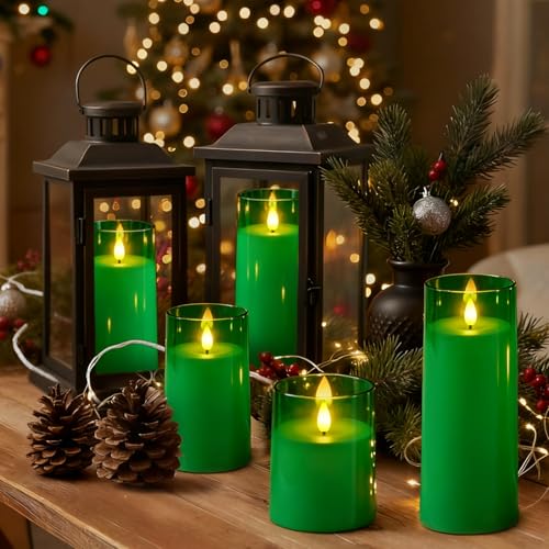 Image of Raycare Battery Operated Flameless Pillar Candles with Remote Timer, Green | LED Acrylic Festive Ambience Candle with Realistic Glow for Christmas Trees, Tables, Seasonal Parties, Family Gifts, Set of 5