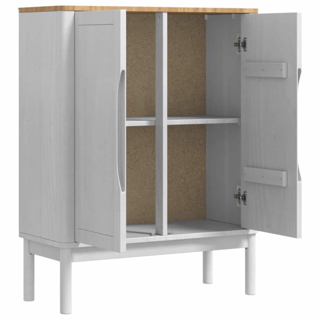 Credenza bianca, 70 x 30 x 70,5 cm, in legno massello di pino | Credenza compatta in legno di pino per soggiorno e camera da letto con 2 ante incernierate e aspetto senza maniglie.