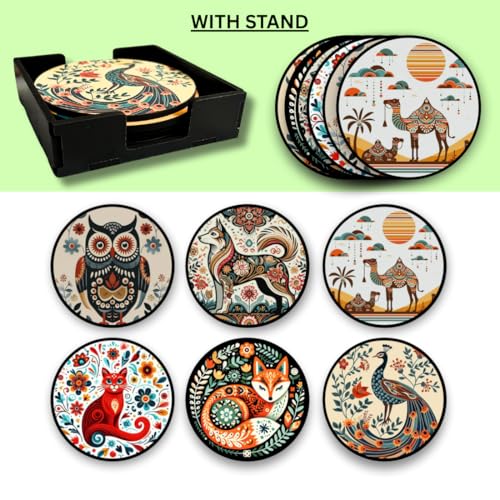 Image of Zesta Coasters for Cups Set of 6 / Wooden Coasters for Bar Accessories for Home /Tea Coaster Set of 6 / Waterproof Dining Table Decor Glass Cover (Animal B, Circle)