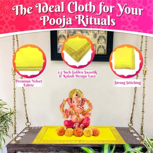 Image of Bhakti Lehar (10 x 20 Inch) Plain Yellow Velvet Pooja Aasan for God Idol /Chowki Aasan Kapda Cloth for Temple Shelf Home Mandir, Ganesh Baithak and God Idol Sitting - Pack of 2