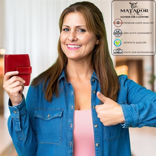 MATADOR Portfel damski z prawdziwej skóry, ochrona RFID, wiele przegródek na karty, 3622, czerwony, 12 x 10 x 4 CM, Nowoczesny