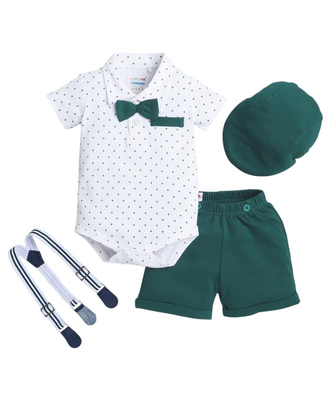Image of BUMZEE Baby Boys Regular Fit Half Sleeves Collar Neck Cotton Bodysuit & Short Set With Bow Suspender & Cap