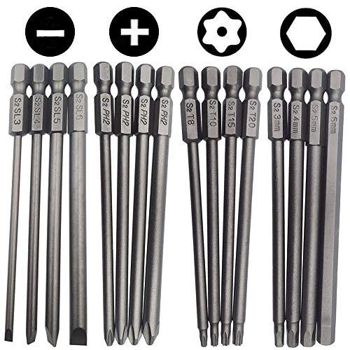 Wolfride 16pcs Long Magnetic Screwdriver Bits Set Slotted+Cross+Torx+Hex Drill Bit Set 1/4 Inch