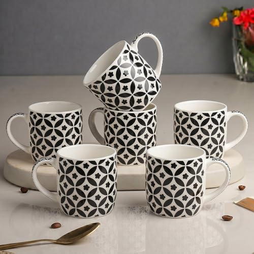 Image of UPC Coffee Mug Set of 6 | Black & White Geometric Tile Print | Circle Floral Lattice Pattern | Bone China Tea & Coffee Cups | Microwave Safe | Home & Kitchen