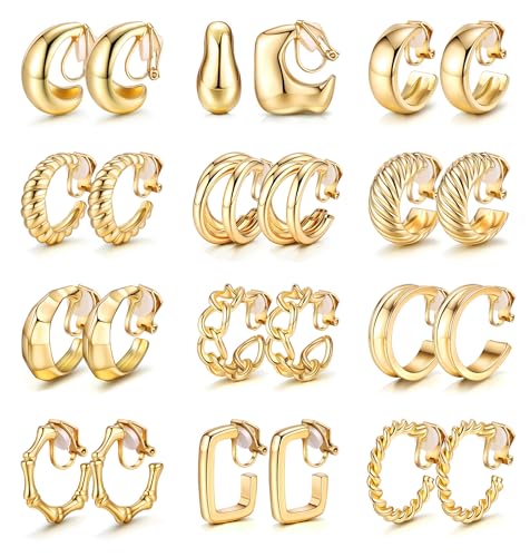 12 Pairs Gold Clip on Earrings for Women 14K Gold Plated Chunky Clip on Hoop Earrings Non-Pierced Fake Earrings Set